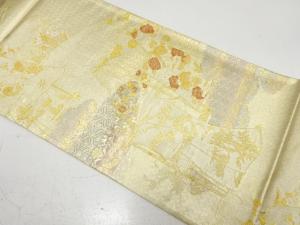 未使用品　誰が袖に花・古典柄模様織り出し　袋帯(未仕立て)